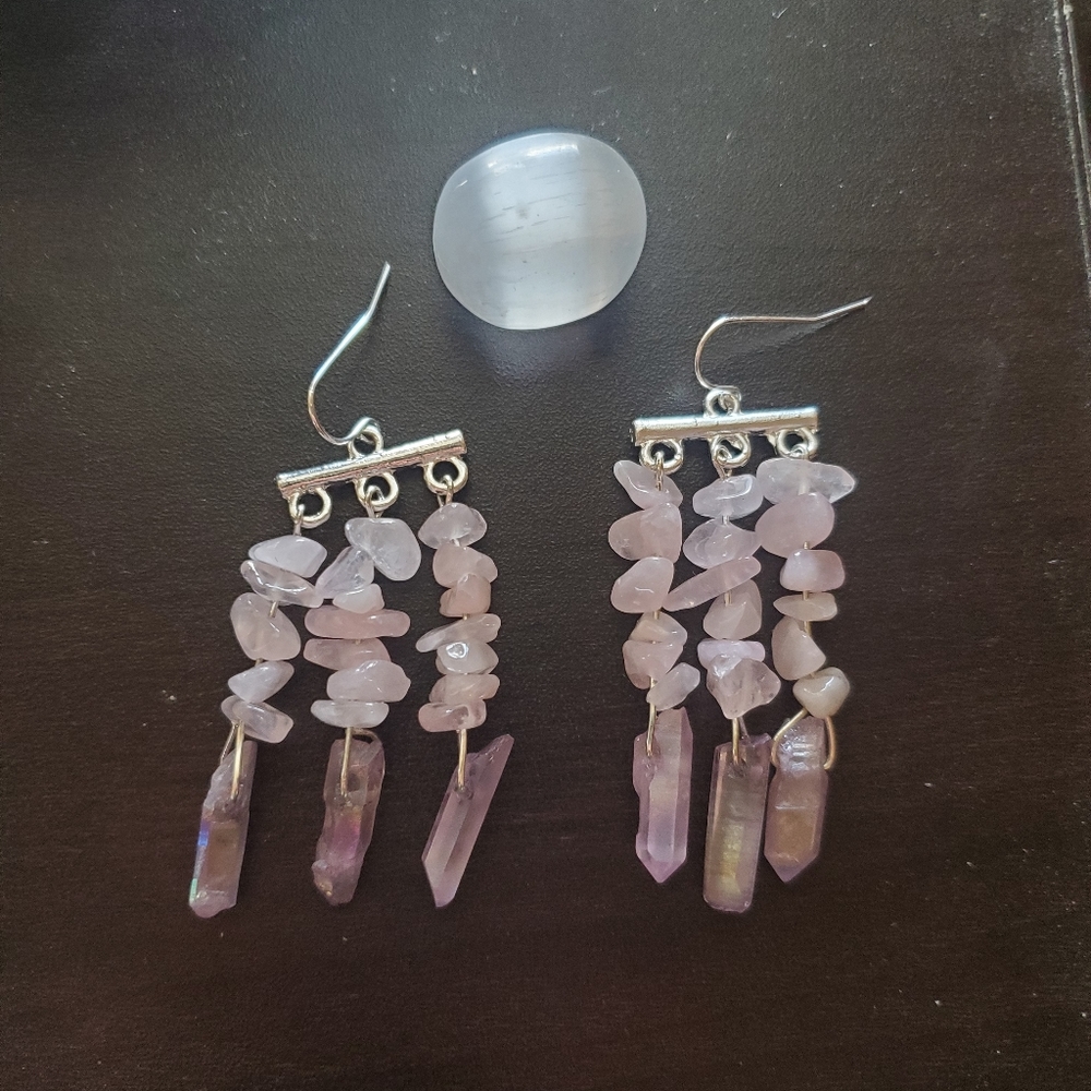Handmade Amethyst and Rose Quartz Dangly Earrings